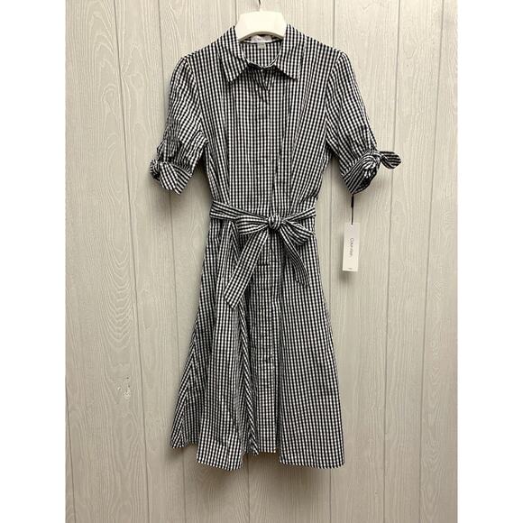 Calvin Klein Button Up Shirt Dress Gingham Print Black White Size 2 NWT - Picture 2 of 8
